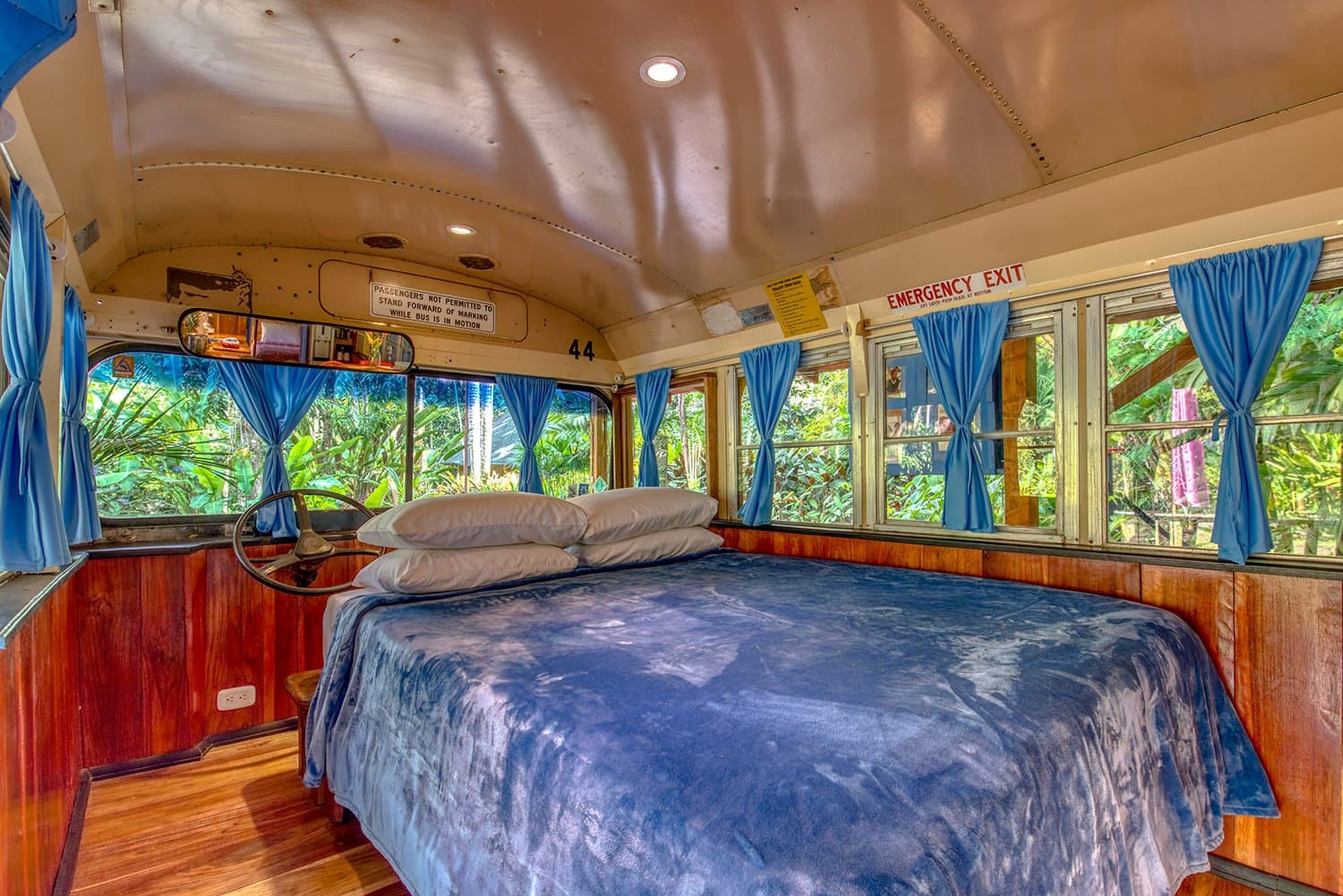 The yellow 1980 American school bus parked under a palm in the Tree House Lodge garden, jungle behind